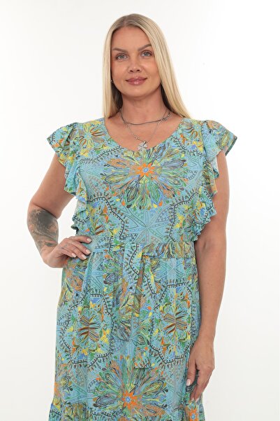 etselements Flounce Sleeve V Neck Belted Patterned Long Viscose Dress 5284