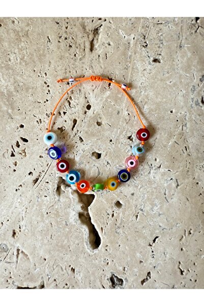 TAKI BY EKİN Turuncu ipli, renkli cam nazar boncuklu bebek / çocuk halhal