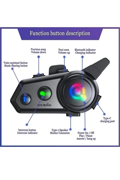 Vothoon Q18 Motosiklet Kask Kulaklık Intercom Işıklı 2 Eşleşme Özellikli 1000 Mah
