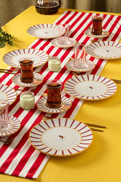 clasavm 18 Piece Pink Bird Pattern Cake Set |   Pink - White Striped Sweet Set |   18 Piece Luxury Dessert Set