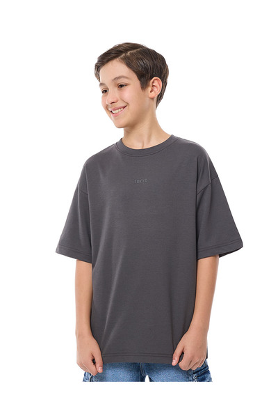 R&B تي شيرت سادة كبير الحجم برقبة دائرية وأكمام قصيرة