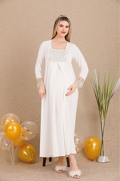 Lady Lingerie Long Sleeve, Lace, Button Collar Maternity-Nightdress