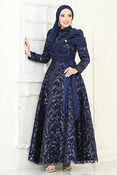 ModaMerve Sual Stone Detail Evening Dress 5099D170-Ms Navy