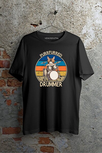 venüsdijital Пухкав барабанист забавен котарак, който свири на барабани, тениска