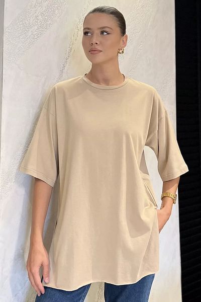 GÜLSELİ Tricou casual de damă bej cu decolteu lateral cu fantă laterală