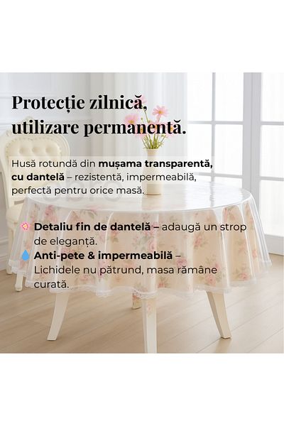 OBRO Round Tablecloth Cover - Transparent Waterproof Tarpaulin with Lace - Anti-Stain Protection 180 cm