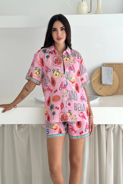 AsprinFashion Σετ σορτς από λινό ύφασμα ροζ