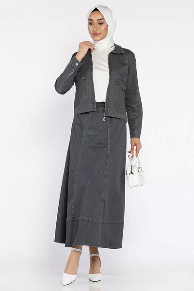 julude Smoked Front Zipper Jean Denim Jacket Skirt Hijab Double Suit