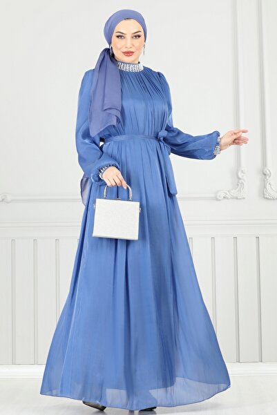 ModaMerve Yakası İncili Tesettür Abiye 6622YG95-MS Mavi