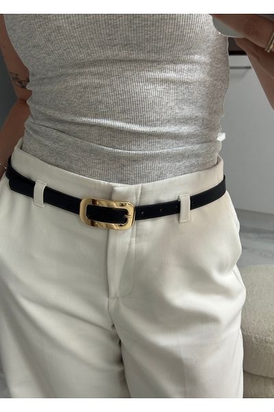 KİLİGİSTANBUL Black Liquid Gold Buckle Belt 2 cm Width, 100 cm Length
