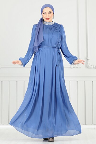 ModaMerve Yakası İncili Tesettür Abiye 6622YG95-MS Mavi