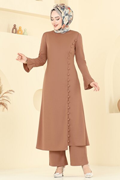 ModaMerve Düğme Detaylı Dabıl Takım ASM2817-MS Taba