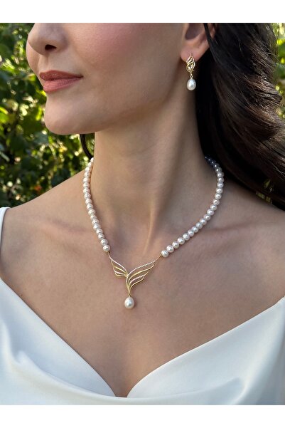 İLK İNCİ TAKI Gerçek Doğal Gold Renk İnci Set – ST0107