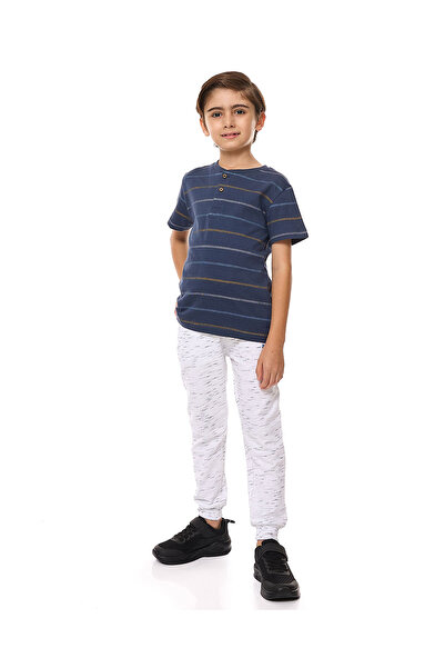 R&B Striped T-Shirt with Henley Neck and Short Sleeves