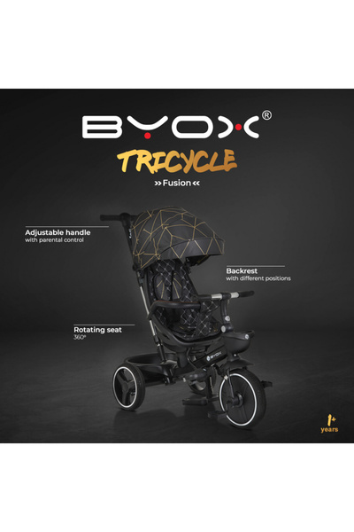 byox Fusion Grey children's tricycle, height-adjustable parental handle, 360° rotating seat