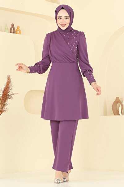 ModaMerve İnci Detay Tesettür Takım ASM2809-MS Koyu Lila