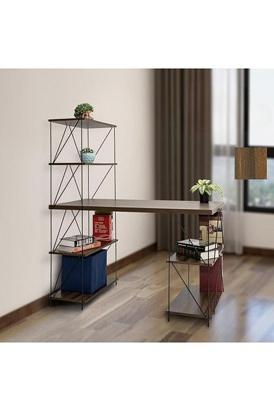 BAITY Home Desk with Side Shelves, Brown