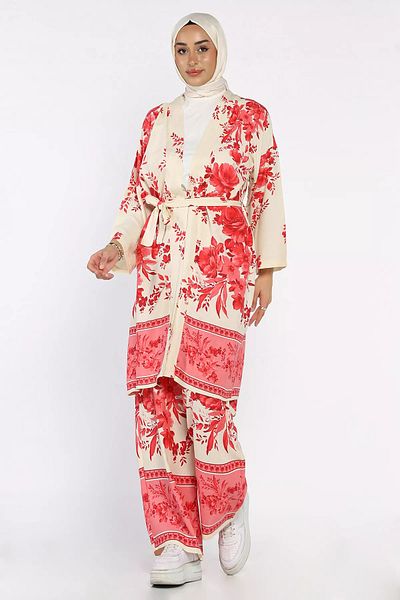 julude Fuchsia Hijab Patterned Kimono Trousers Double Set