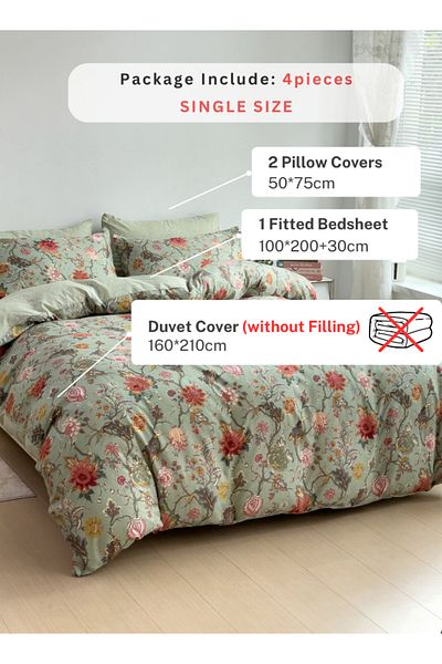 LUNA HOME Single Size 4 Pieces, Reversible Style Duvet Cover Set, Roses Design with Dark Khaki Color.