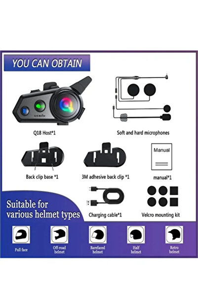 Vothoon Q18 Motosiklet Kask Kulaklık Intercom Işıklı 2 Eşleşme Özellikli 1000 Mah