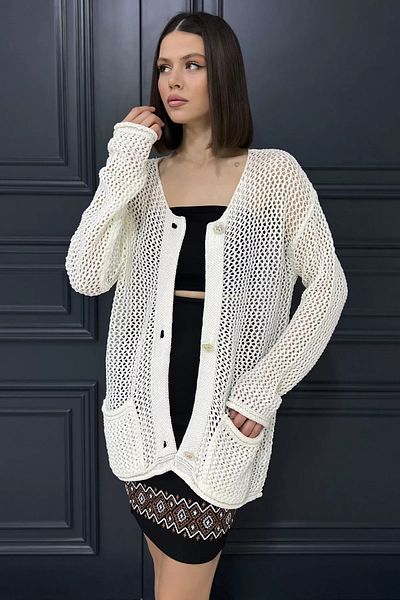 GÜLSELİ Cardigan de tricotaj pentru damă ajurat cu detaliu crem