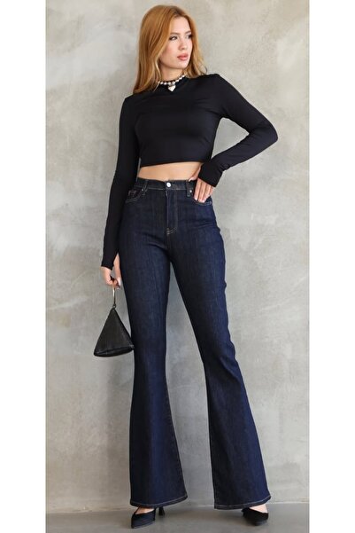 Weak Blue Kadın Yüksek Bel İspanyol Paça Lacivert Denim Likralı Jean Pantolon