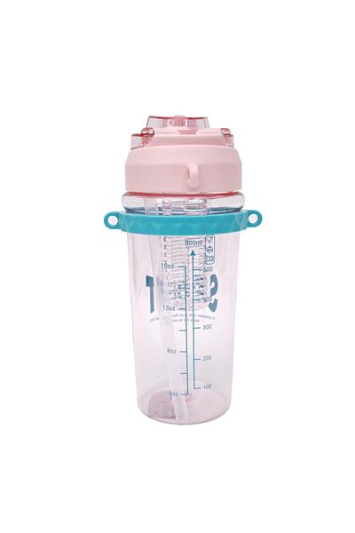 B4U Sticla transparenta apa copii, pop-up flip-top cu pai, sport, cu snur, roz, 800 ml SH0959