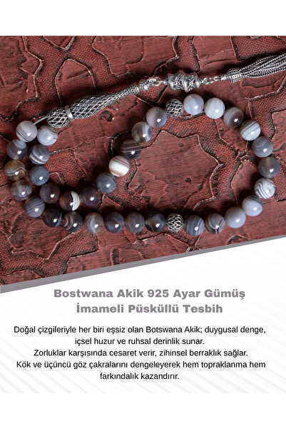Saff Doğal Taş Sertifikalı Bostwana Akik 925 Ayar Gümüş İmameli Püsküllü Tesbih