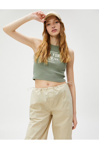 Koton Crew Neck Ribbed Printed Crop Tank Top