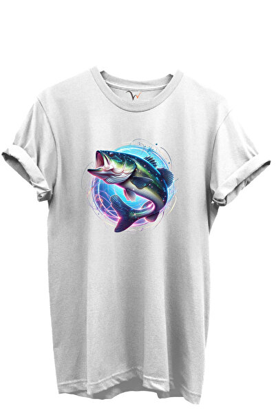 WİDİ Tricou unisex cu model de pește neon colorat, 100% bumbac, cu croiala no...