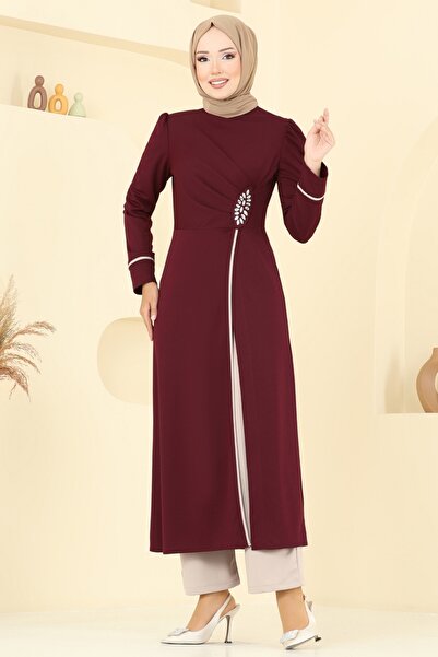 ModaMerve Taş Detaylı Yırtmaçlı Takım ASM2816-MS Bordo&Vizyon