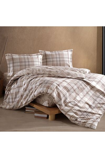 Pucioasa Double bed linen made of 100% cotton with beige-brown checks, Ravel