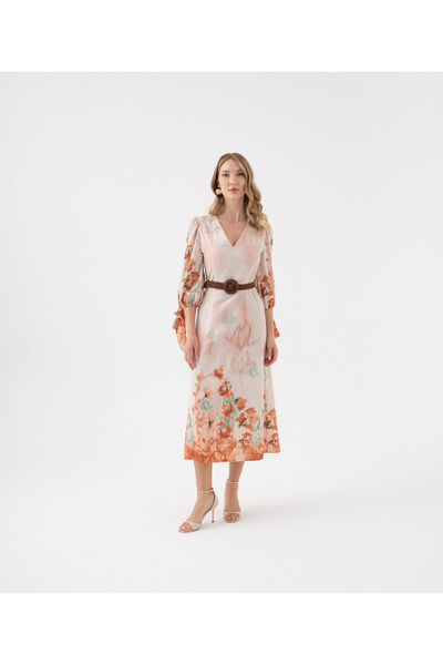 SERPİL %100 Keten Çiçek Desenli Kemerli V Yaka Midi Elbise