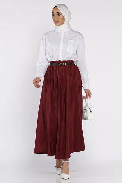 GÜLSELİ Burgundy Women's Garnished Pocket Detailed Belted Dress