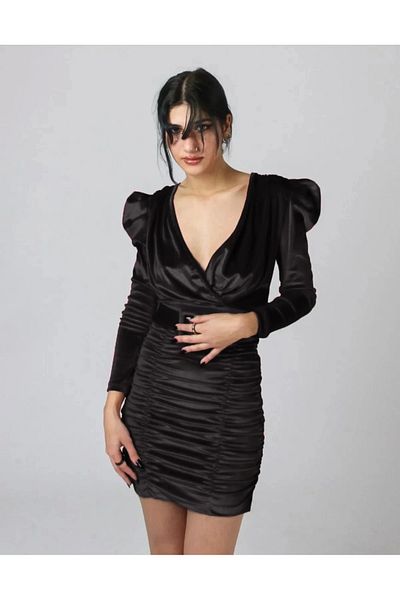 Bak Moda Satin Velvet Belt Detailed Chest Low-Cut Long Sleeve Black Dress
