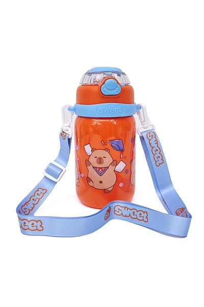 B4U Sticla apa copii gradinita, bidon cu capac pop-up flip-top cu pai, cu snur, portocaliu 600 ml 8096