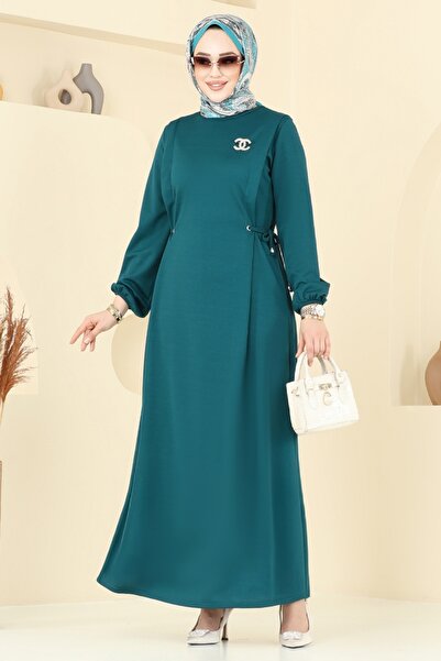 ModaMerve Beli Bağcıklı Krep Elbise 23001UKB139-MS Petrol