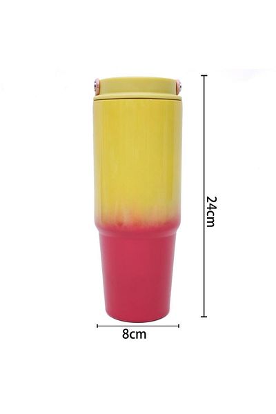 B4U Stainless steel thermos mug for children, pop-up flip-top with straw, with handle, yellow-red, 887 ml zQ-57