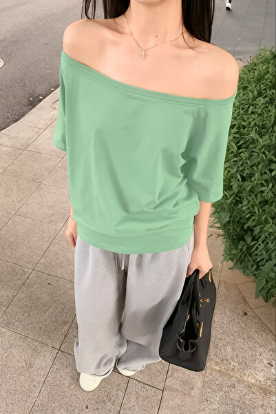 Tarz Cool Water Green Women's Off Shoulder Boat Neck Oversize T-Shirt