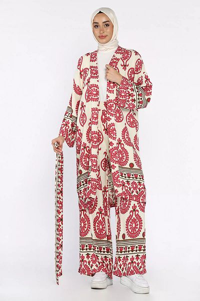 julude Fuchsia Patterned Hijab Kimono Pants Double Set