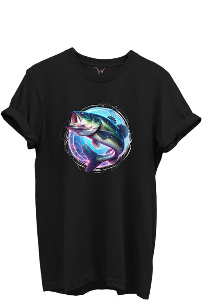 WİDİ Tricou unisex cu model de pește neon colorat, 100% bumbac, cu croiala no...