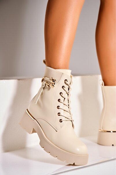 Joana Дамски бежови ботуши с подплата от екологична кожа Destyni