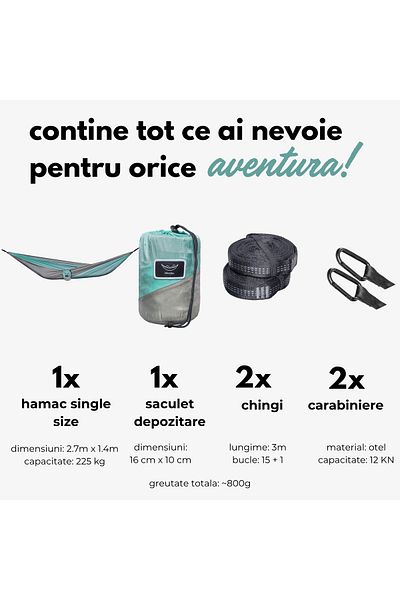 storeful Hamac hikerjoy, ușor si portabil, 270x140 cm, curele prindere si carabine incluse, albastru cu gri