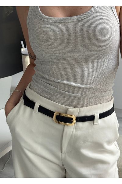 KİLİGİSTANBUL Black Liquid Gold Buckle Belt 2 cm Width, 100 cm Length