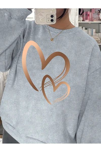 WOODROFFE Women's Gold Heart Printed Crew Neck Black Sweatshirt Oversize Casual