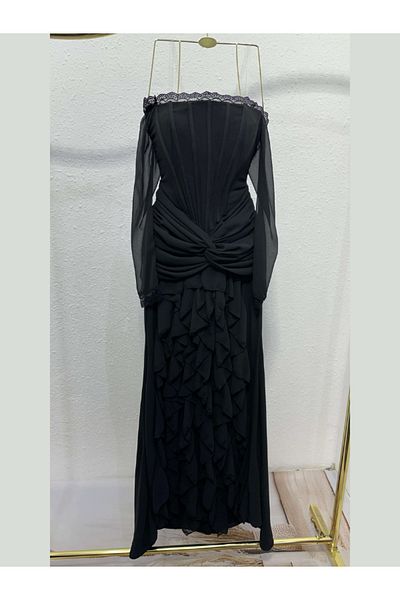 Nice Model Black Chiffon Off-Shoulder Ruffle Maxi Dress Long Sleeve Evening Gown Formal Party Dress