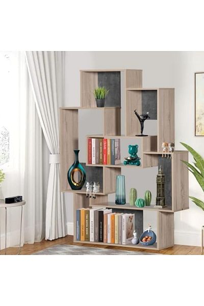 BAITY Open Design Bookshelf - Malaysian Wood, Wooden and Gray Color