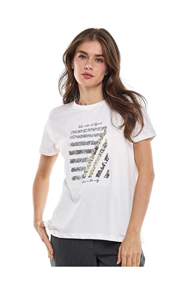 R&B تي شيرت مرصع بالترتر مع رقبة دائرية وأكمام قصيرة