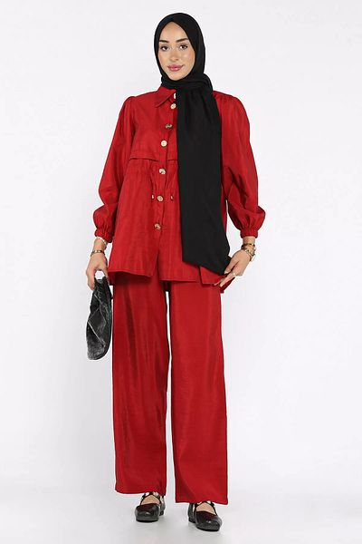 julude Burgundy Women's Gold Buttoned Waist Tie Detailed Tunic Trousers Hijab Double Suit (S-M-L Size Compatible)