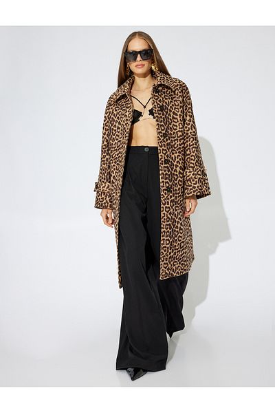 Koton Brown Women's Leopard Oversized Coat